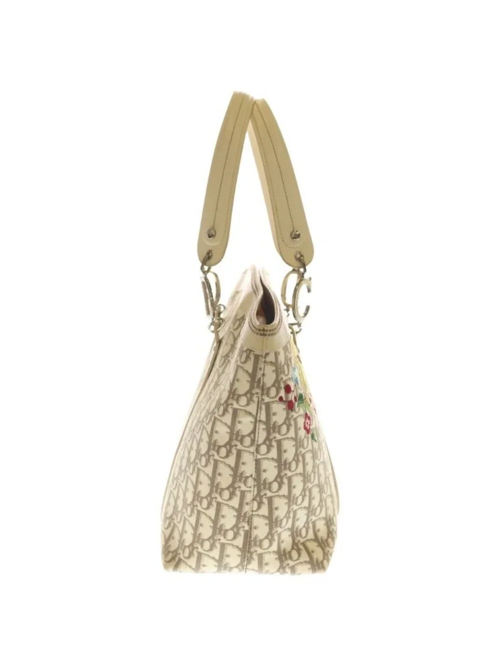 Dior Trotter Flower Embroidery Tote Ivory Leather Silver